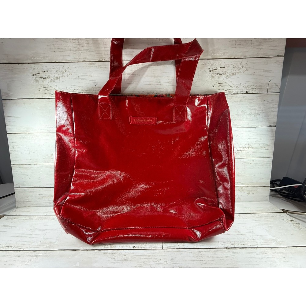 Crabtree & Evelyn Red Glossy Coated Tote Bag Paisley Print Lining Large Handbag